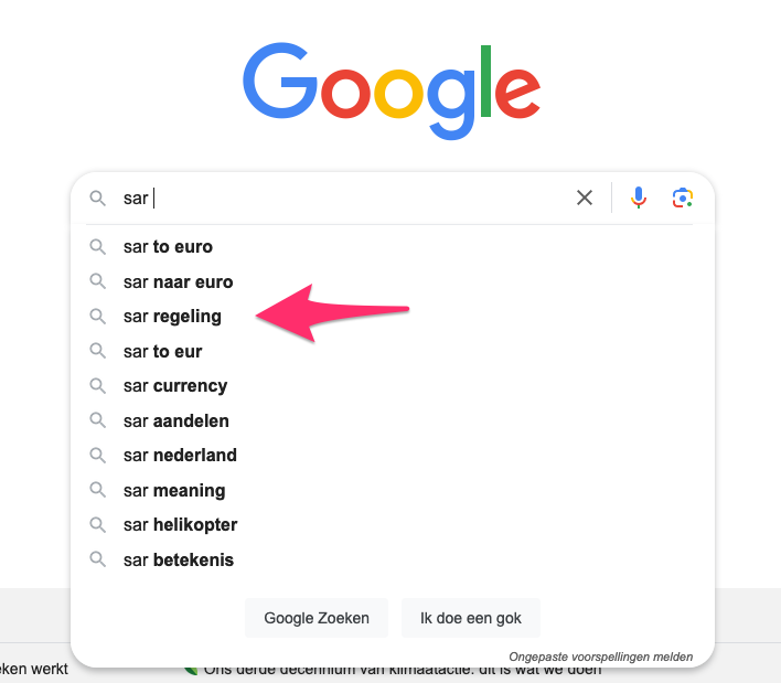 Google zoekresultaten SAR